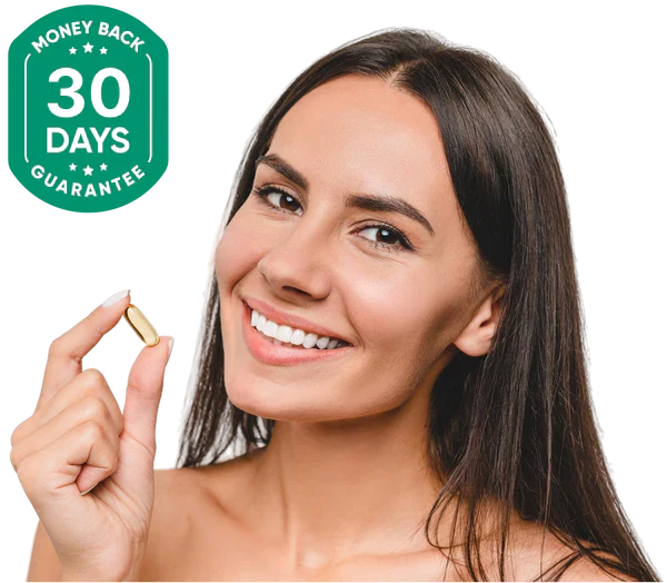 Woman holding supplement capsule with 30-day money back guarantee badge