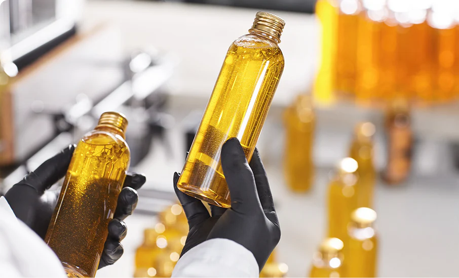 Golden oil bottles in a laboratory setting